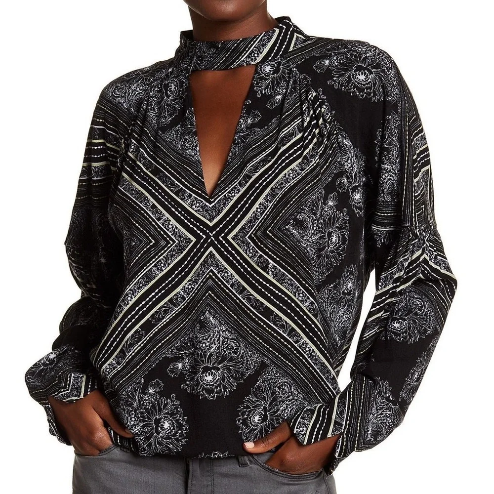 Free People Walking on a Dream Long Sleeve Flowy Sexy Black Keyhole Neck Tunic S